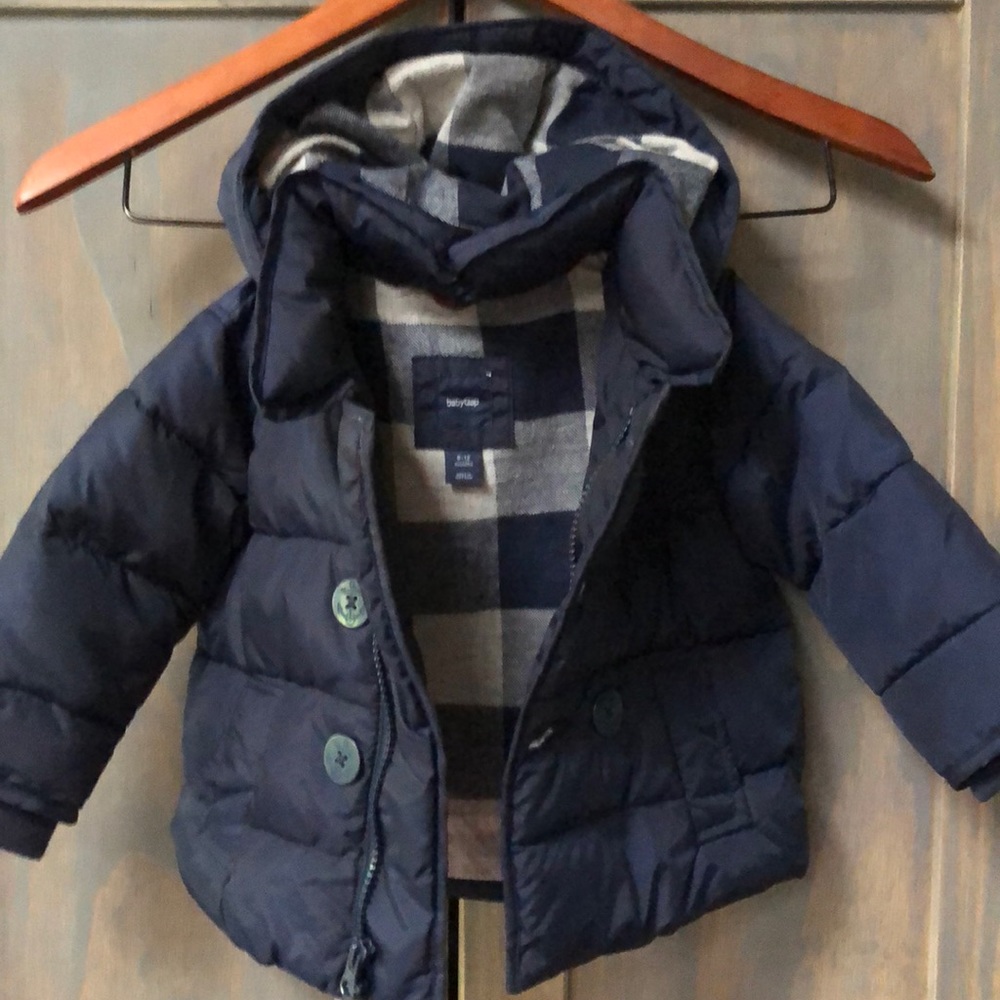 Baby Gap 6-12 blue hooded lines puffer pea coat